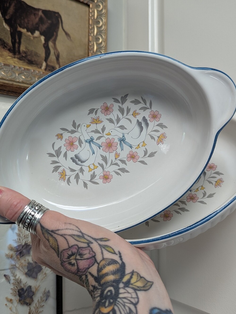 🌸🪿2 VTG 80s Country Goose Floral Oven Stone Baking Serving Dish Ribbon Geese